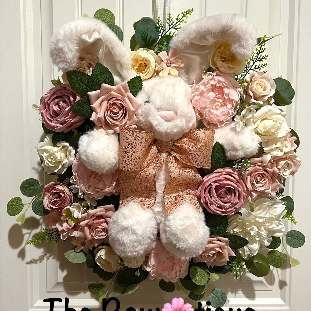 Weekly Special! Handmade Floral Bunny Spring Silk Flower & Ribbon Wreath 22” W7